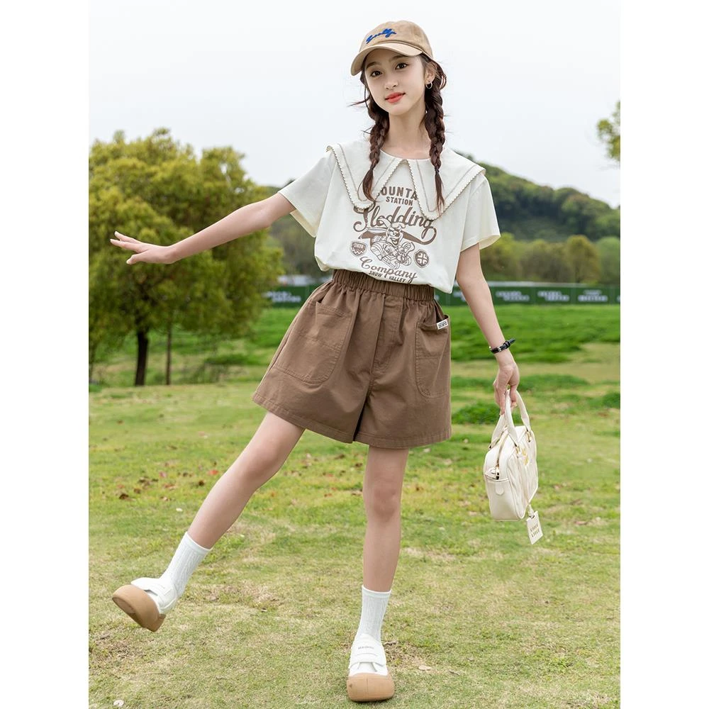 女童套装夏装2025新款洋气9大童女装棉质短袖t恤夏季短裤两件套薄