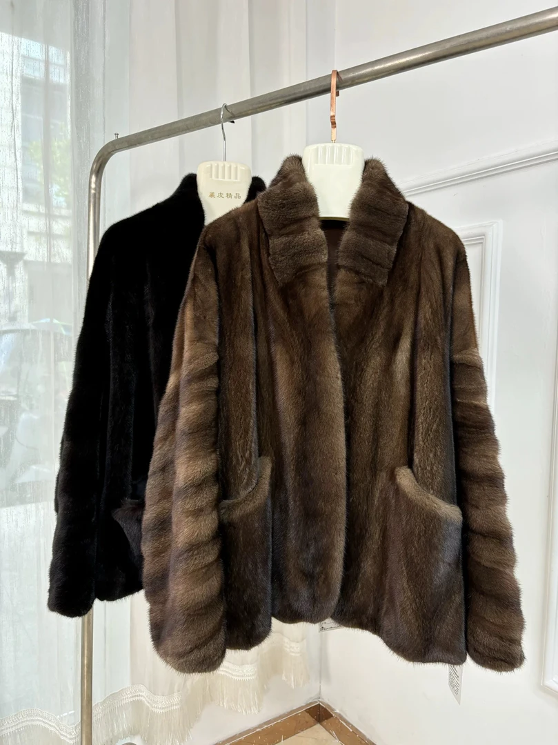 652号（65长）进口紫金短二天鹅绒水貂皮草中长款女装领口袖子抽刀