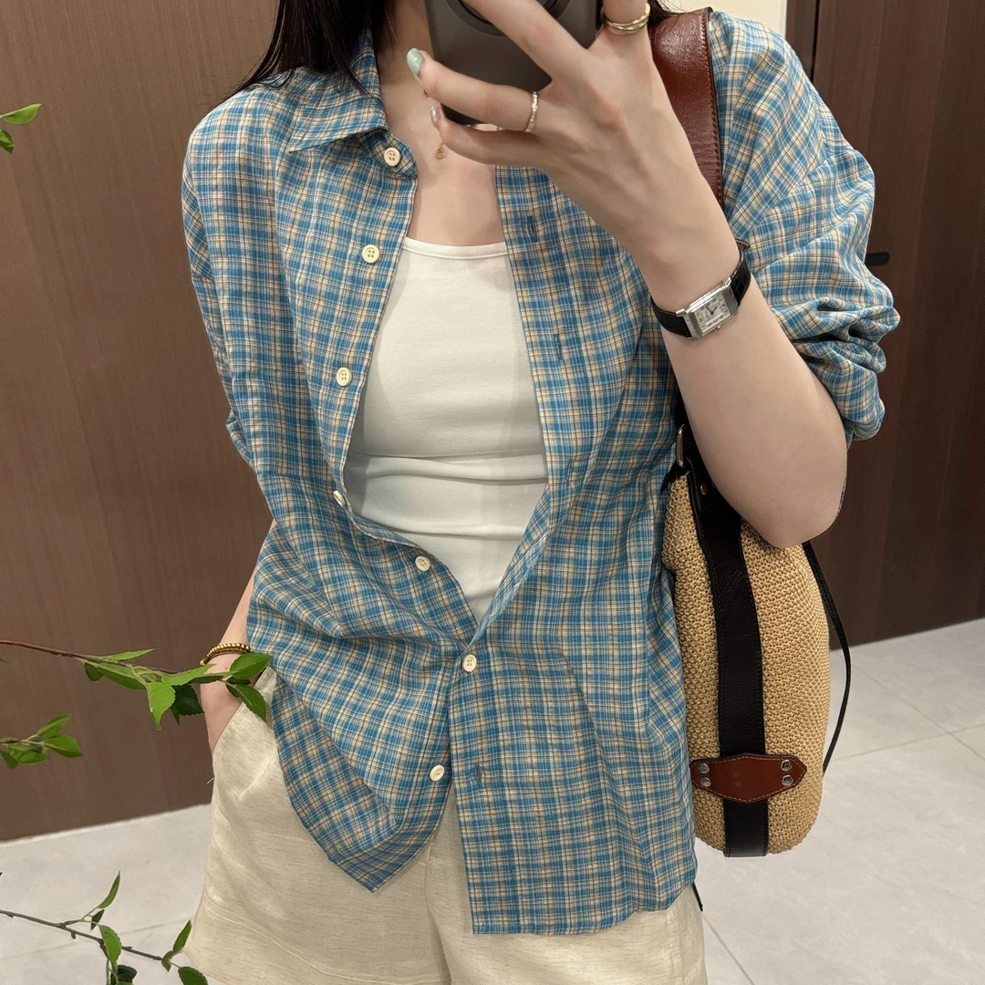 韩系时尚休闲宽松百搭叠穿长袖翻领蓝色格子衬衫-M25212328