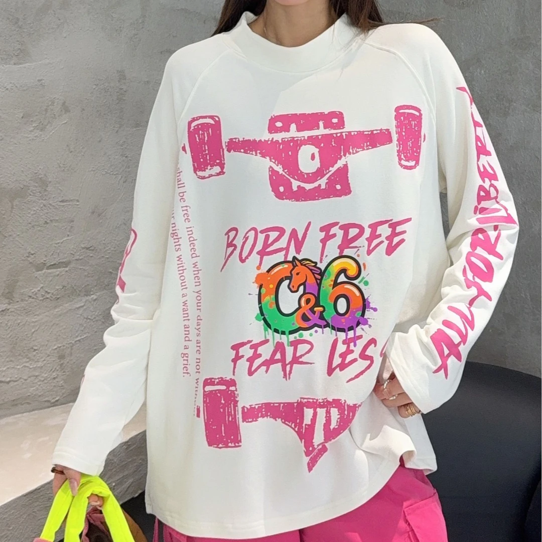 《C&6赛车德绒打底T恤》潮牌长袖时尚休闲宽松印花圆领潮流女士情侣