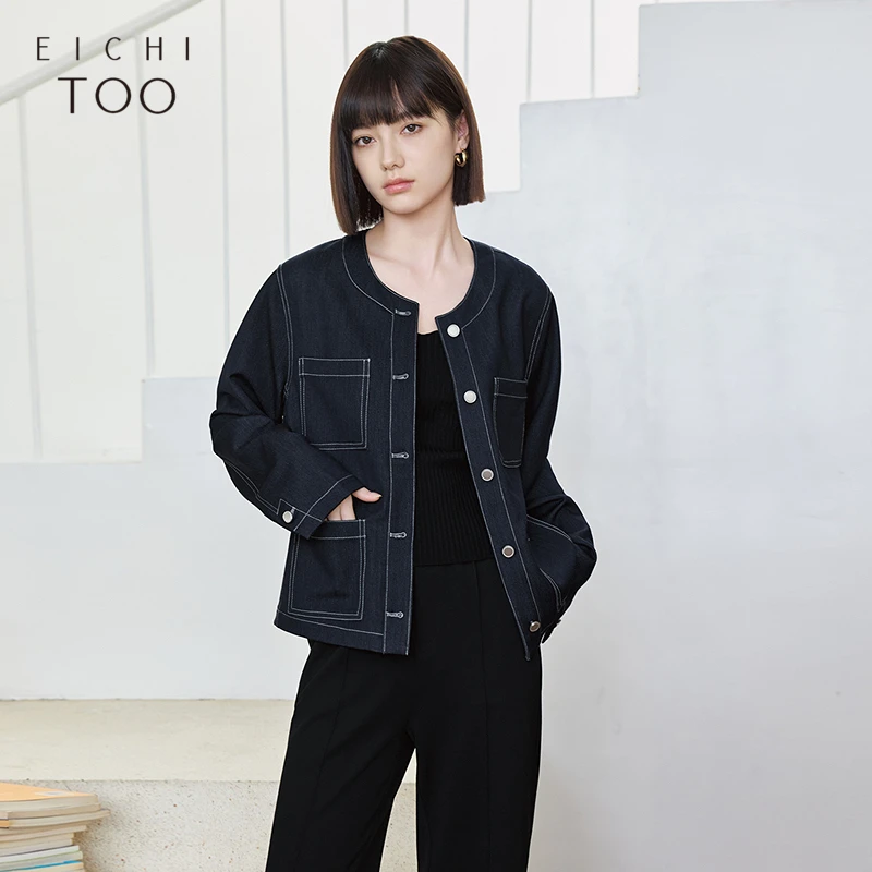 A爱居兔25年春季新款经典时尚箱型小圆领仿牛仔夹克女EWJAJ1Q012A