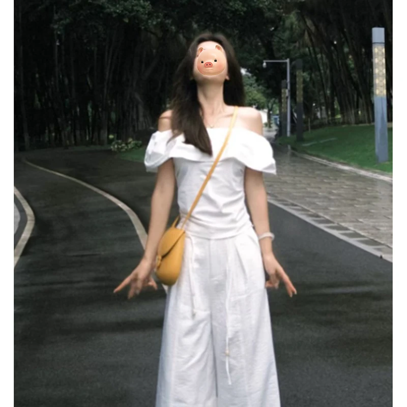 法式一字肩荷叶边白色短袖衬衫女夏季设计感小众衬衣修身露肩上衣