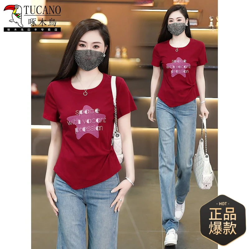 啄木鸟时尚设计感短袖t恤女2025夏季新印花遮肚子显瘦体恤衫上衣