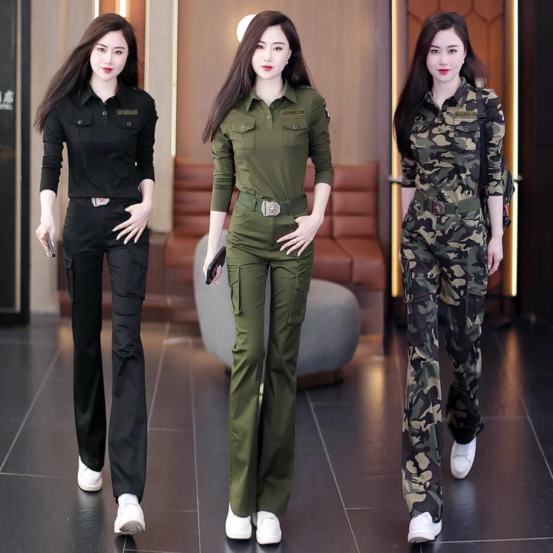 迷彩服女长袖微喇叭裤两件套春季新款洋气爆款减龄工装军旅套装秋