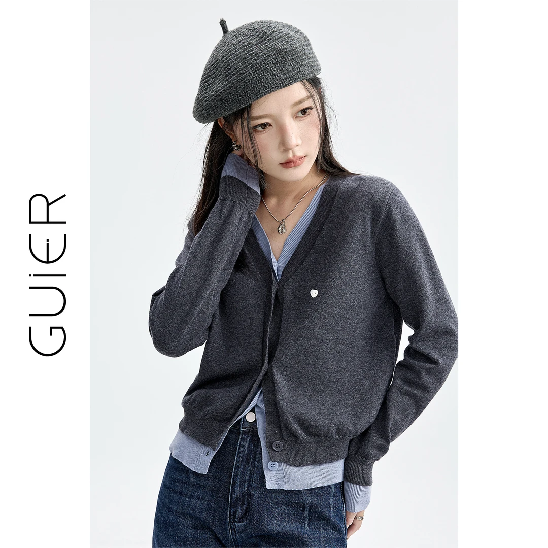 「GUIER」假两件针织开衫女2025新款秋季撞色V领显瘦百搭上衣G6802