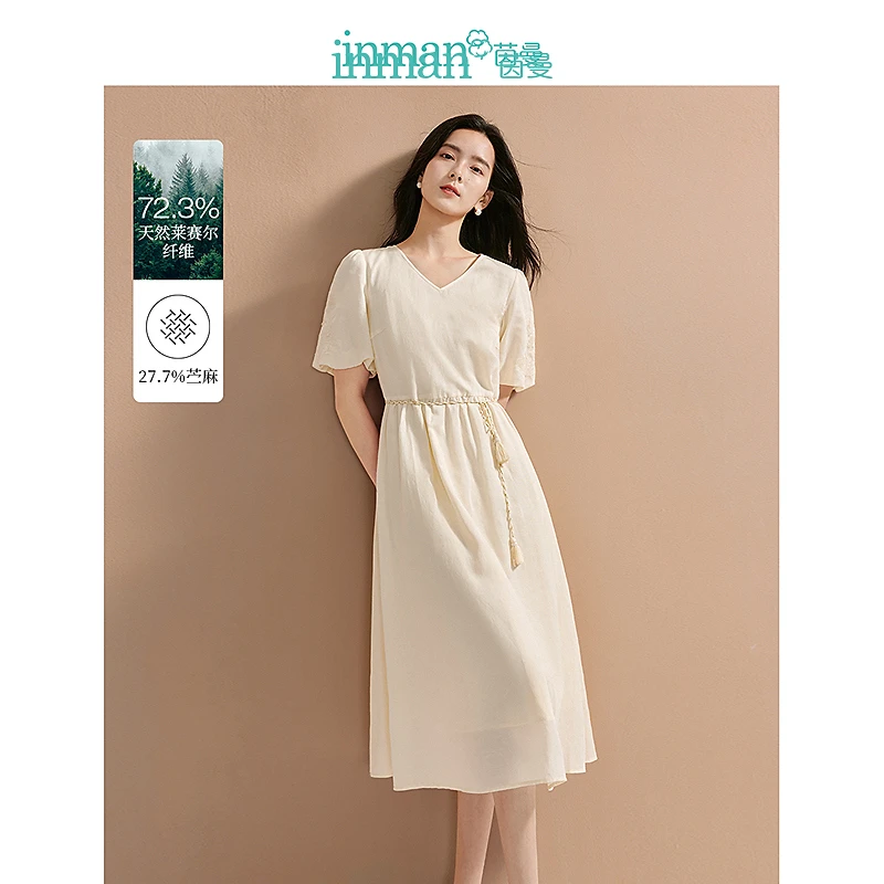 【商场同款】茵曼莱赛尔苎麻连衣裙2024秋季女装新款绣花短袖长裙