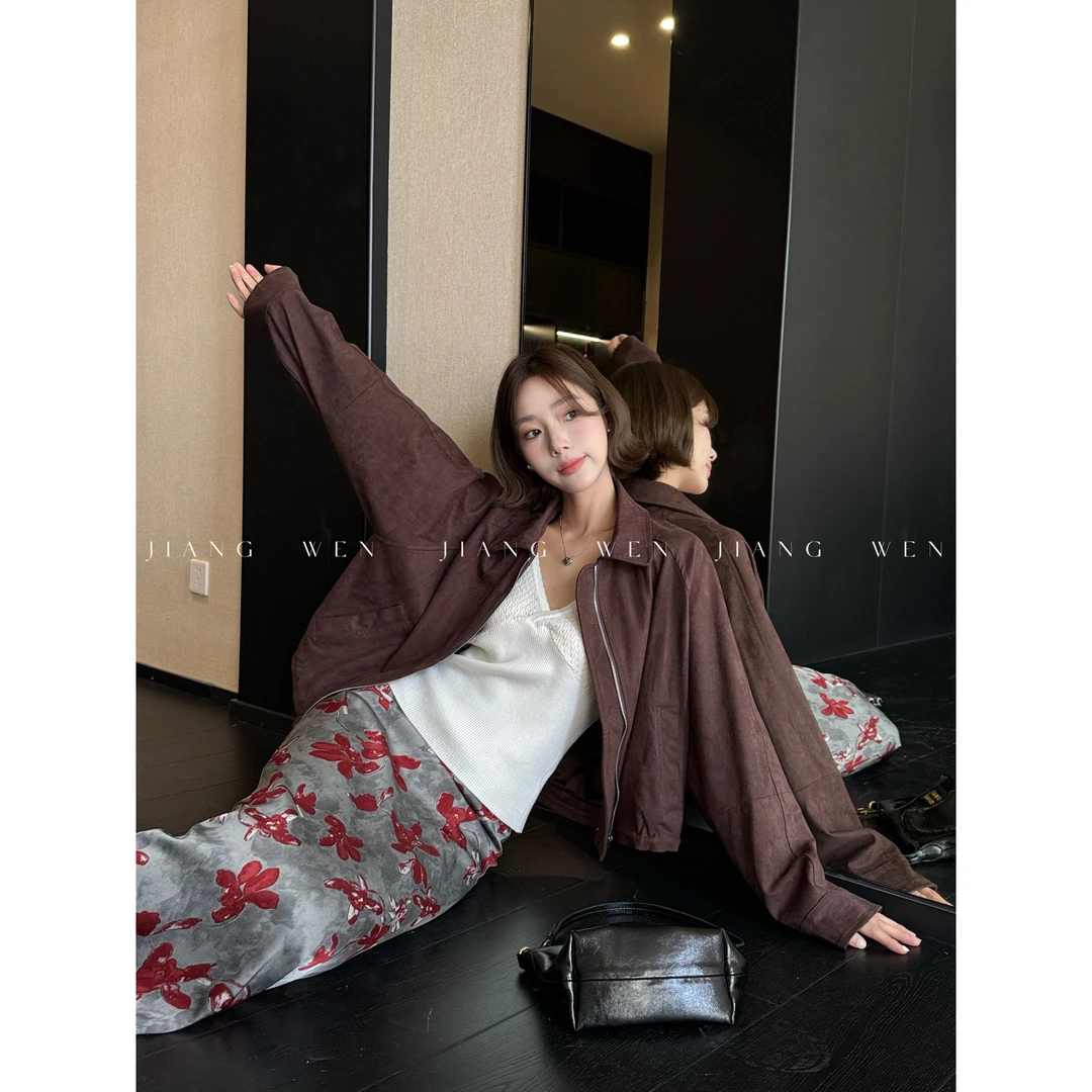 【松木皮匣】复古机车风立领麂皮绒下摆抽绳夹克