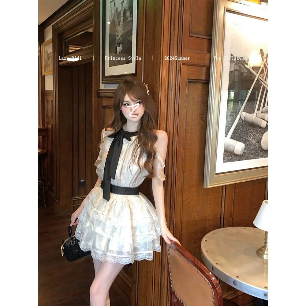 新款蕾丝甜美仙女公主蓬蓬裙法式夏季收腰显瘦日常度假套装