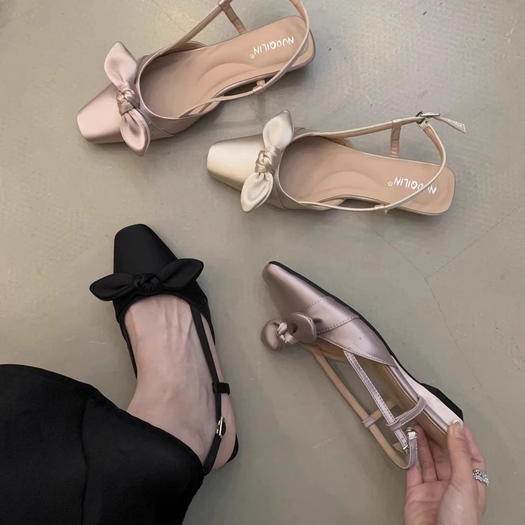 法式名媛风包头凉鞋女后绊带绸缎后空单鞋蝴蝶结半拖鞋配裙子鞋