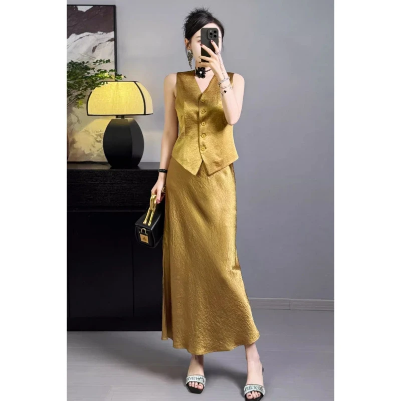 醋酸套装裙子女夏季新款无袖V领马甲上衣半裙气质简约西装两件套