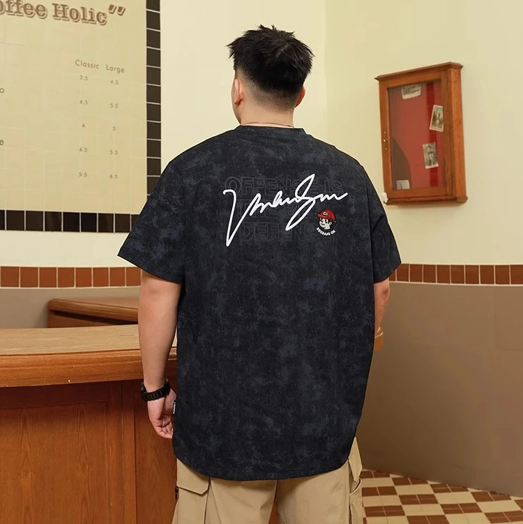 潮牌大码男装2025夏胖子宽松炒雪花短袖t恤加肥加大半袖美式休闲