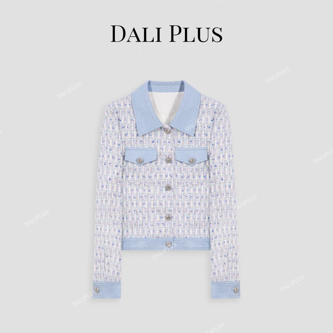 DALI PLUS法式定制花蓝色拼接牛仔编织感拉毛小香风外套-D5LT2011