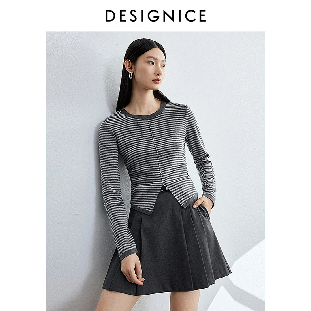 迪赛尼斯春秋通勤气质上衣休闲弹力条纹圆领长袖针织衫女