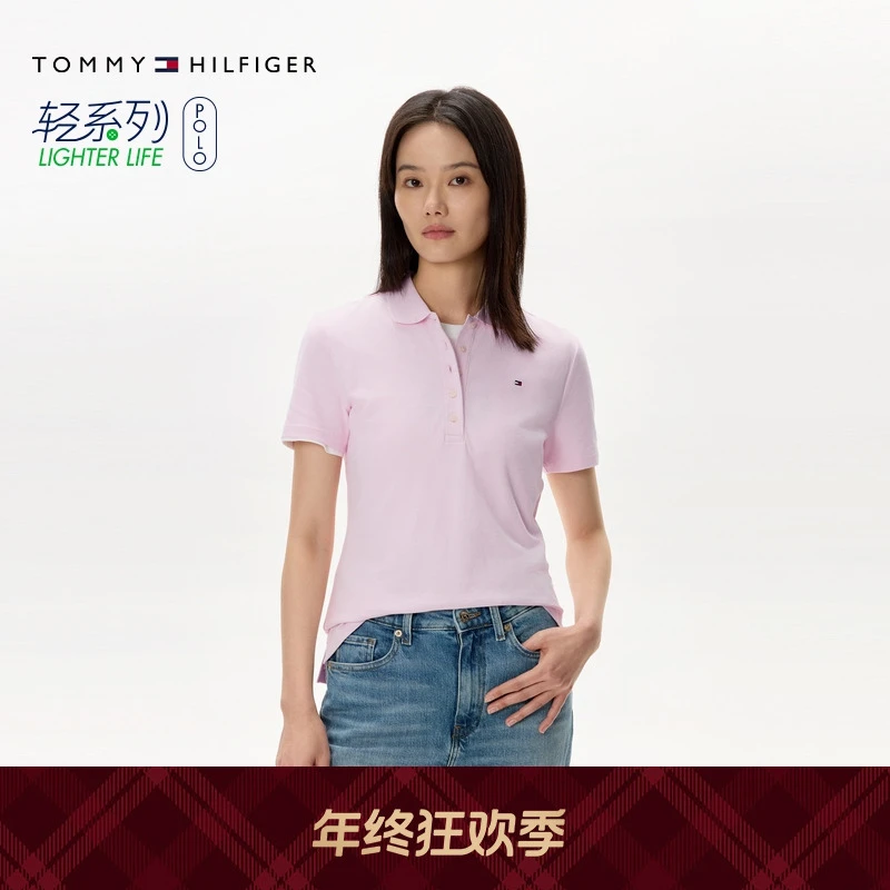 【轻柔感】Tommy25夏季女珠地网眼多色短袖T恤/通勤纯色镶边POLO