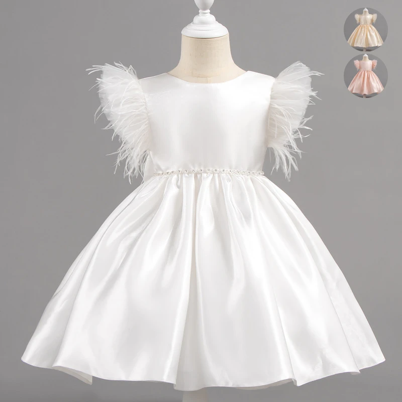 儿童礼服缎面短款花童装婚礼礼服小女主持人周岁服装生日演出服