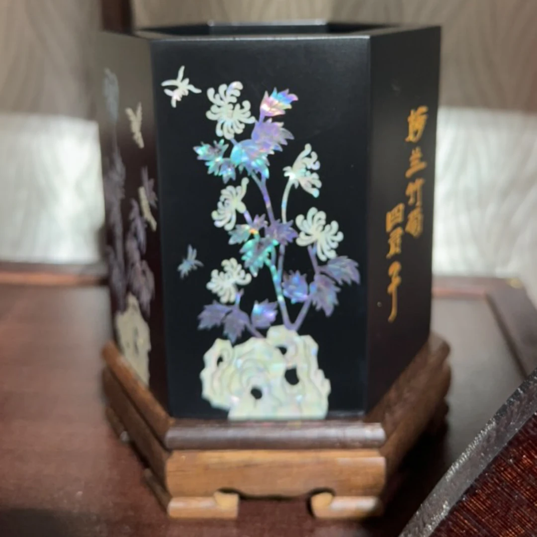 漆器镶嵌类鲍鱼壳笔筒六角