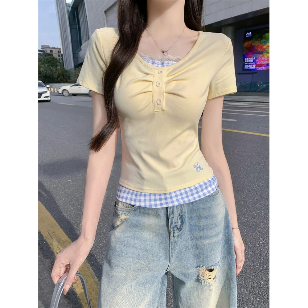 夏季新款设计感拼接刺绣假两件短袖T恤上衣显瘦t恤辣妹高腰短款