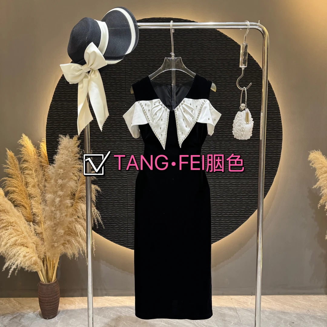 TANG-FEI胭色【黑白格】TF0106重工烫钻修身显瘦女装连衣裙