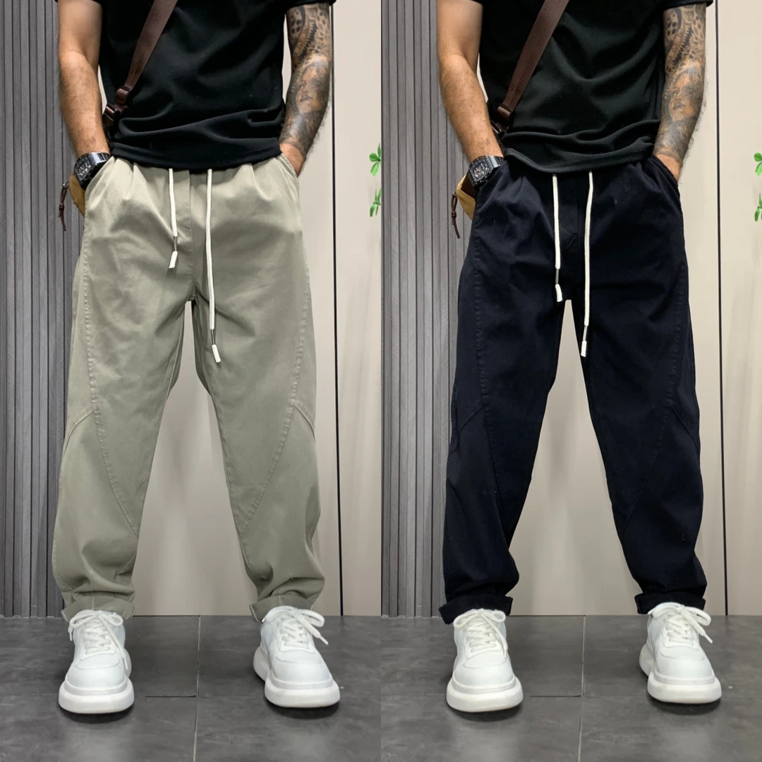 秋季美式高街复古纯色休闲裤男宽松抽绳直筒工装裤百搭时尚长裤子