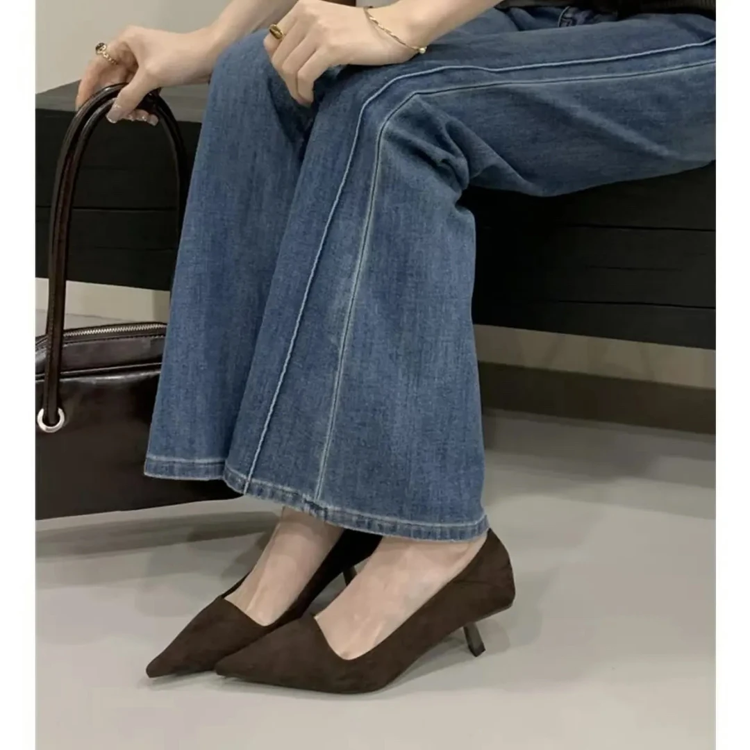 法式复古绒面尖头单鞋女2025新款气质百搭细跟高跟鞋子通勤鞋矮跟