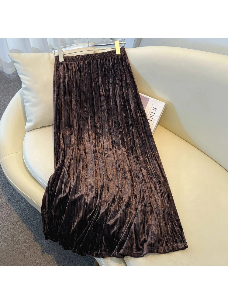 咖色金丝绒半身裙女秋冬季2025新款气质韩版中长裙高端a字百褶裙