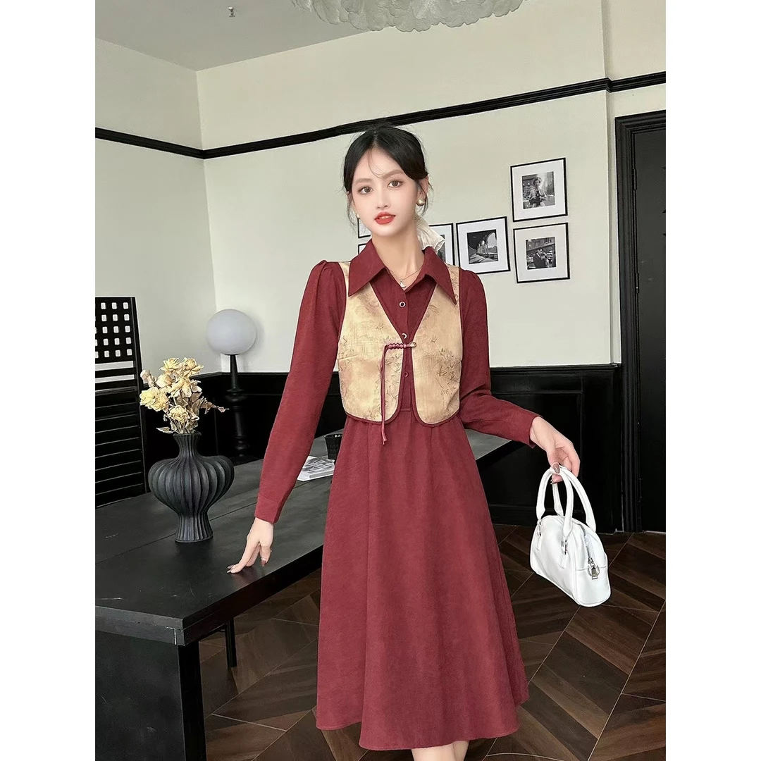 ASY/2024秋冬女装连衣裙假两件连衣裙拼接收腰显瘦秋季气质长袖