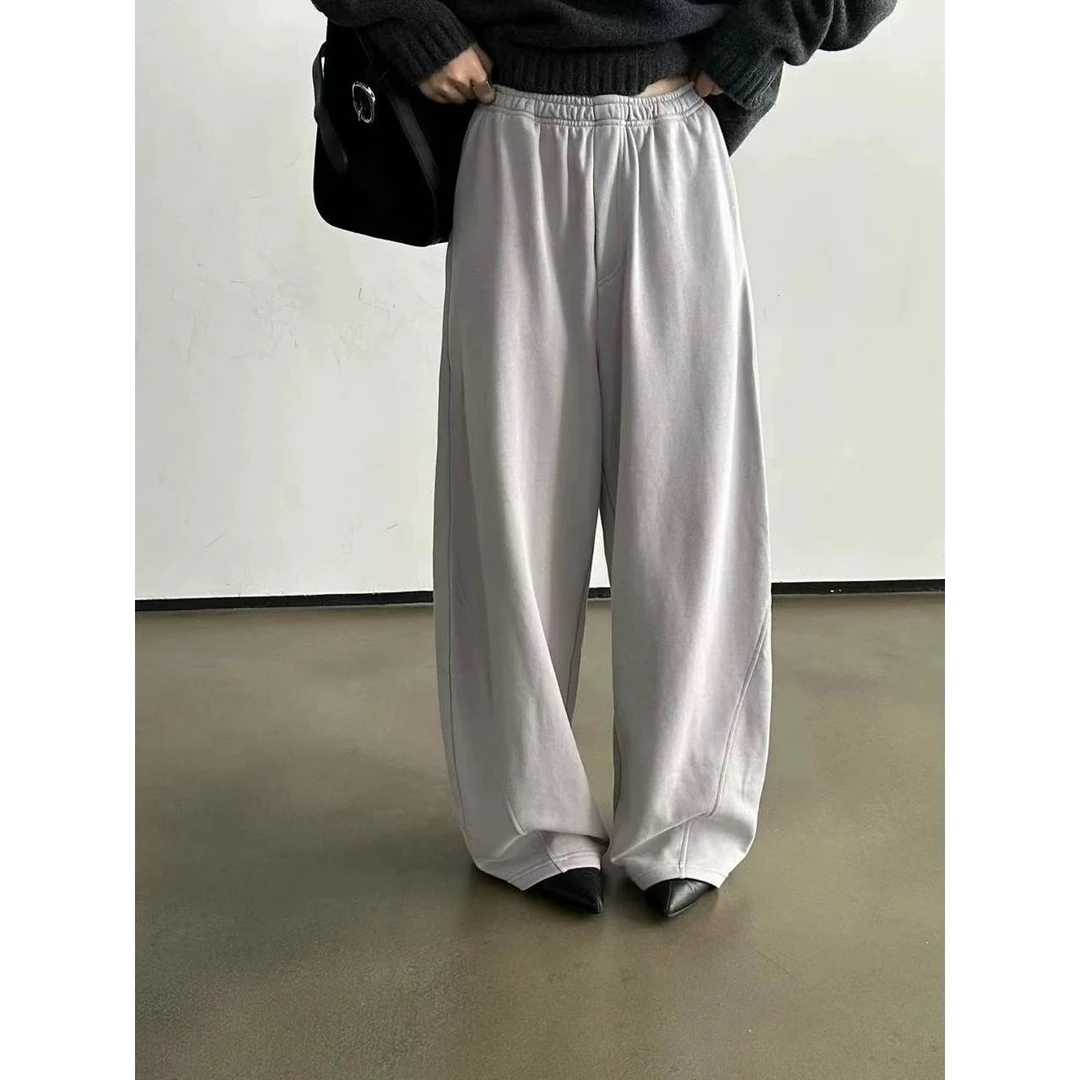 韩系极简风高级感慵懒风松紧腰垂顺感拖地阔腿镰刀休闲卫裤女