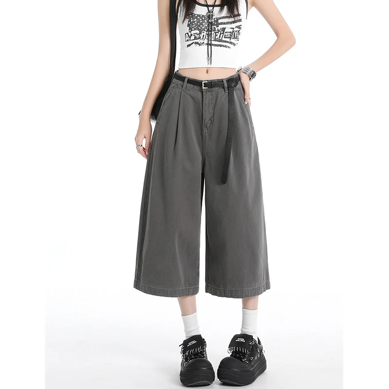 拉夏贝尔高街牛仔裤女秋季新款直筒褶皱显瘦网红七分宽松阔腿中裤