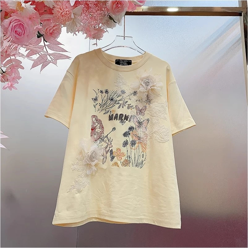 A1190欧美设计师2025早春新款刺绣钩花字母蝴蝶立体花朵休闲T恤女