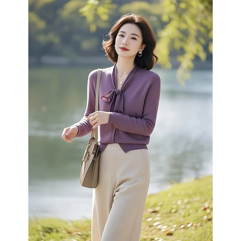 小个子超好看慵懒风女款2025年新款春装紫色针织衫小众不撞款上衣