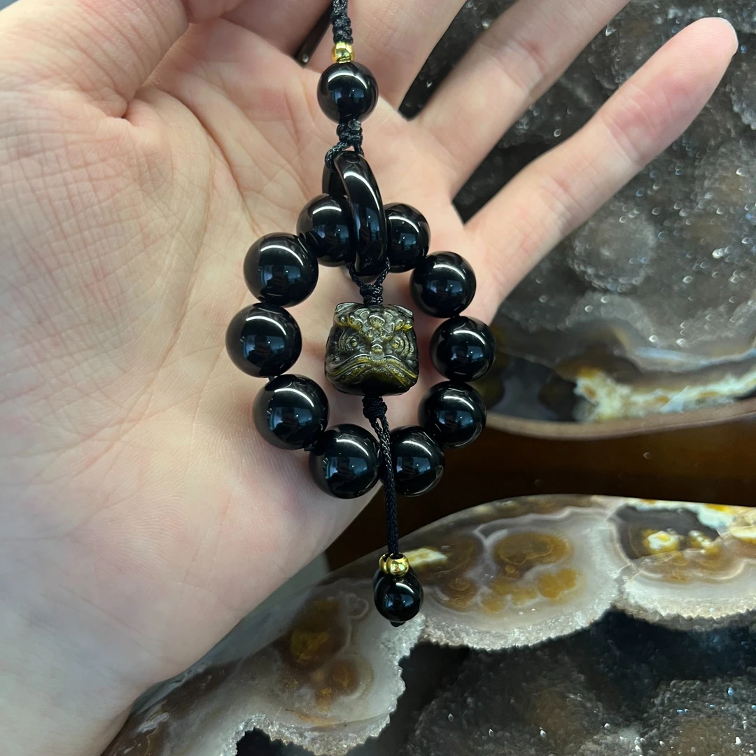 天然黑曜石金曜石新中式醒狮手机链钥匙扣精美定制设计