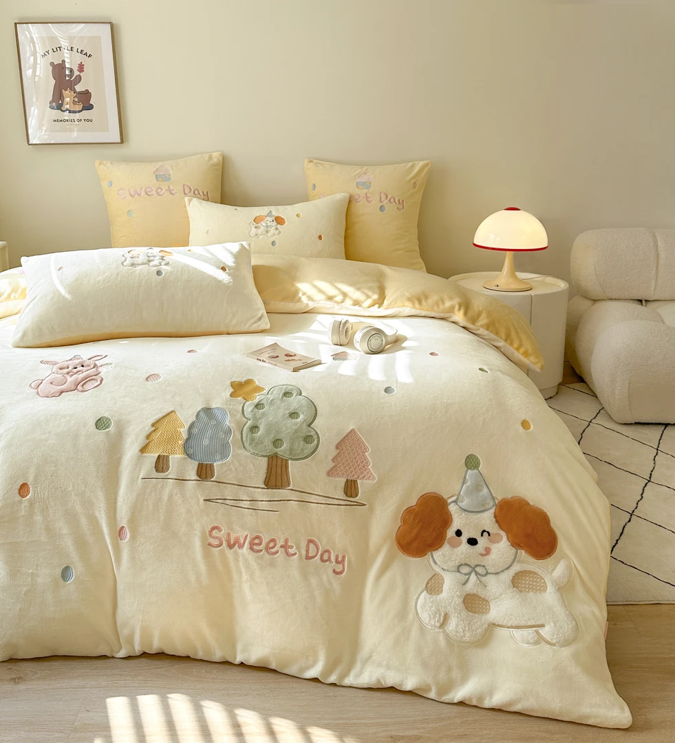 甜蜜小狗 A类全消光加厚牛奶绒三四件套 不掉毛无静电不跑被