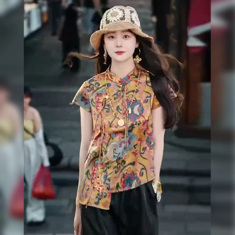 灵妙~2025国风新中式不对称立领唐装女士短袖夏季老钱风潮流衬衣