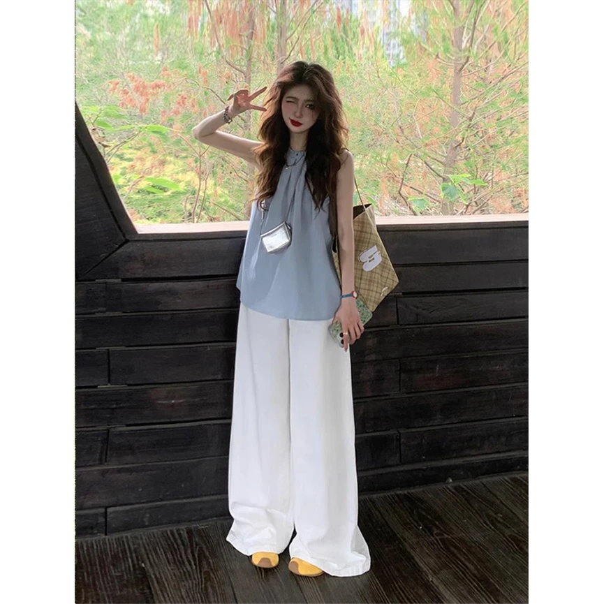 温柔风高级感甜美减龄蓝色挂脖衬衫上衣女夏季白色半身裙裤俩件套