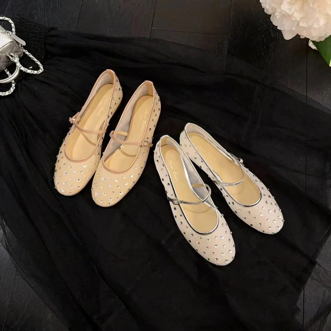 2025夏季 ~圆头水钻透明网纱平底单鞋女烫钻玛丽珍
