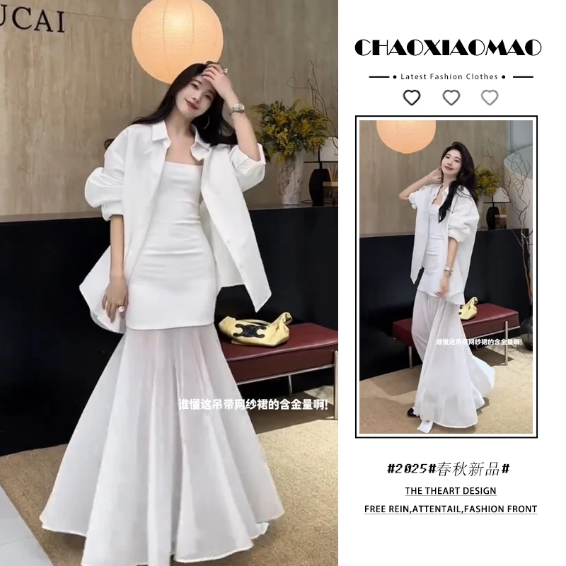 2025年春季新款韩穿搭套装女宽松温柔慵懒风衬衫吊带连衣裙两件套