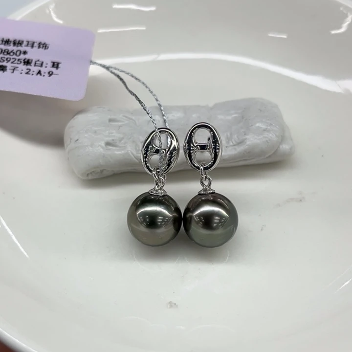 银S925镶嵌耳饰海水珍珠大溪地9-10m 49号
