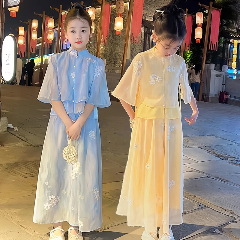 新中式女童套装夏季夏装儿童古风国风中袖上衣阔腿裤汉服两件套装