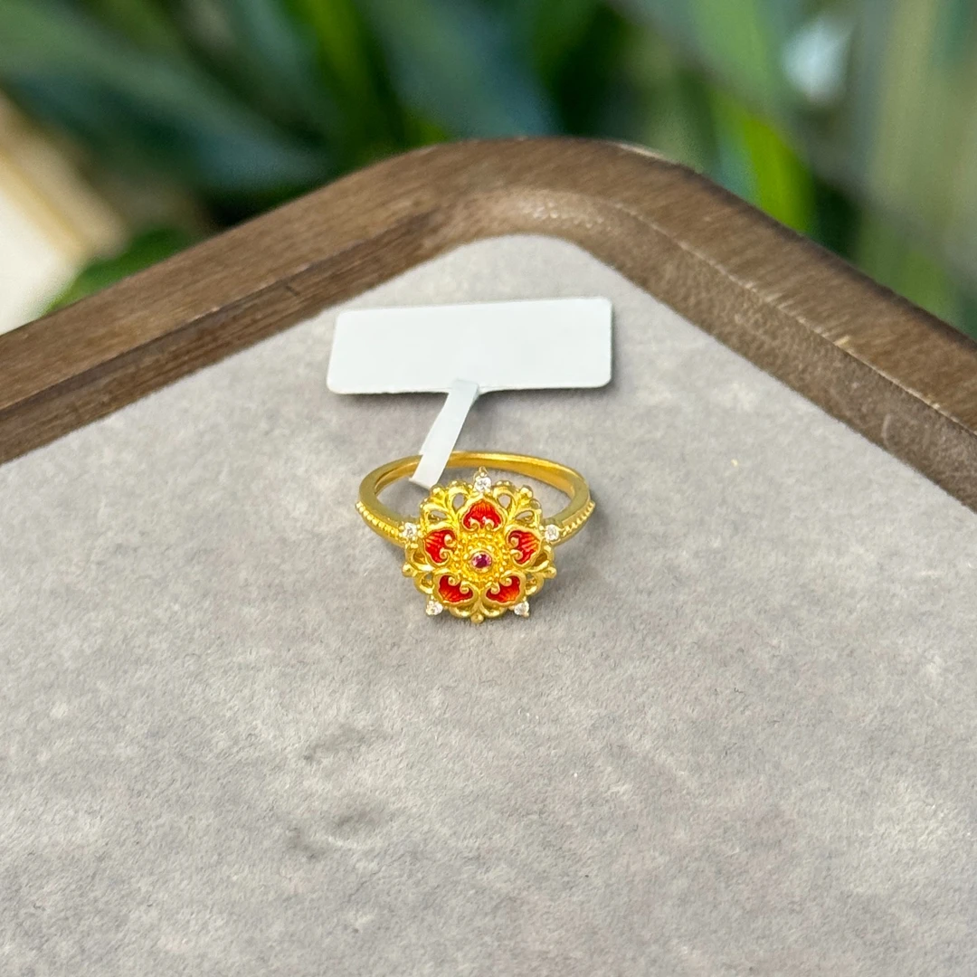 阿敏专属-Z【珐琅花花点钻戒指】足金999古法开口戒指（附加208/108）