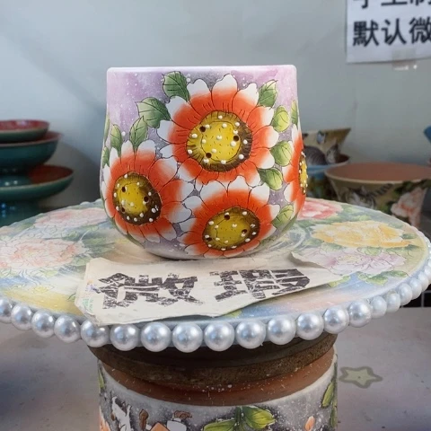 紫砂花盆红陶手绘花盆