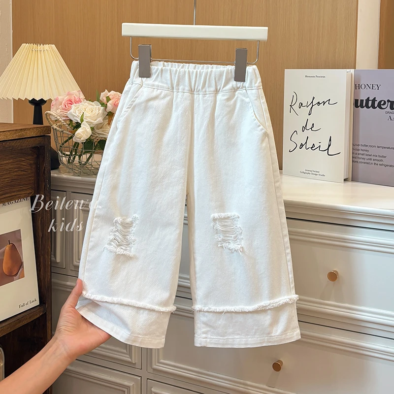 新款女童秋季百搭白色破洞休闲裤女宝宝韩版休闲时尚洋气品质童装