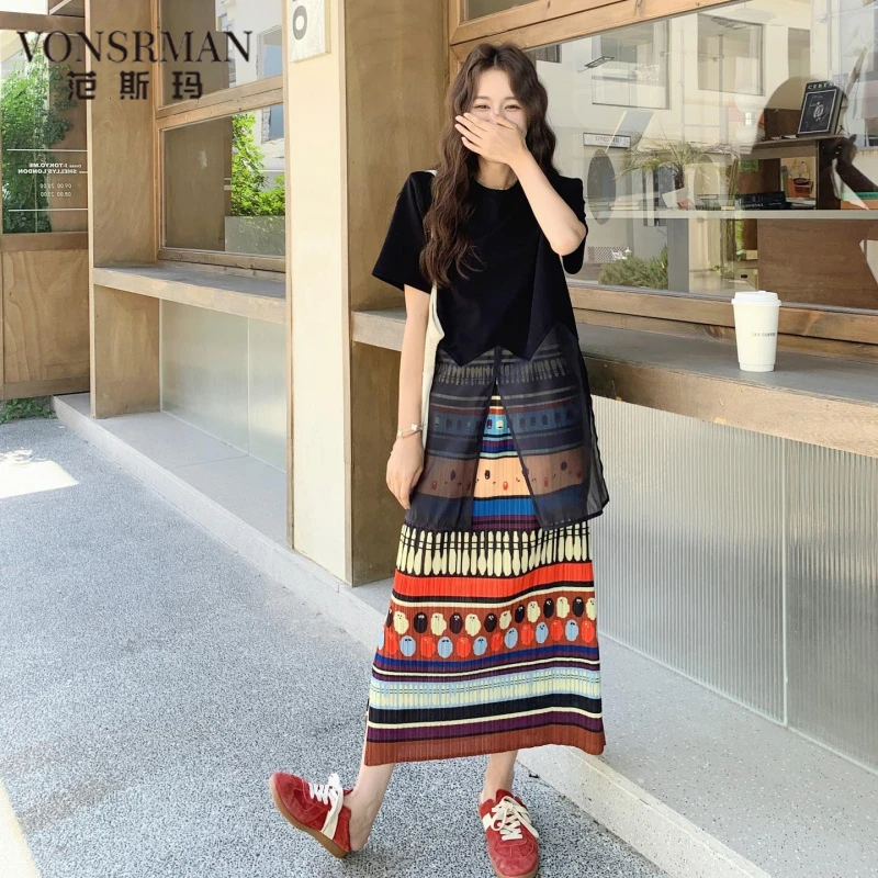 今年流行爆款叠穿民族风印花半身裙T恤罩衫套装两件套女夏度假风