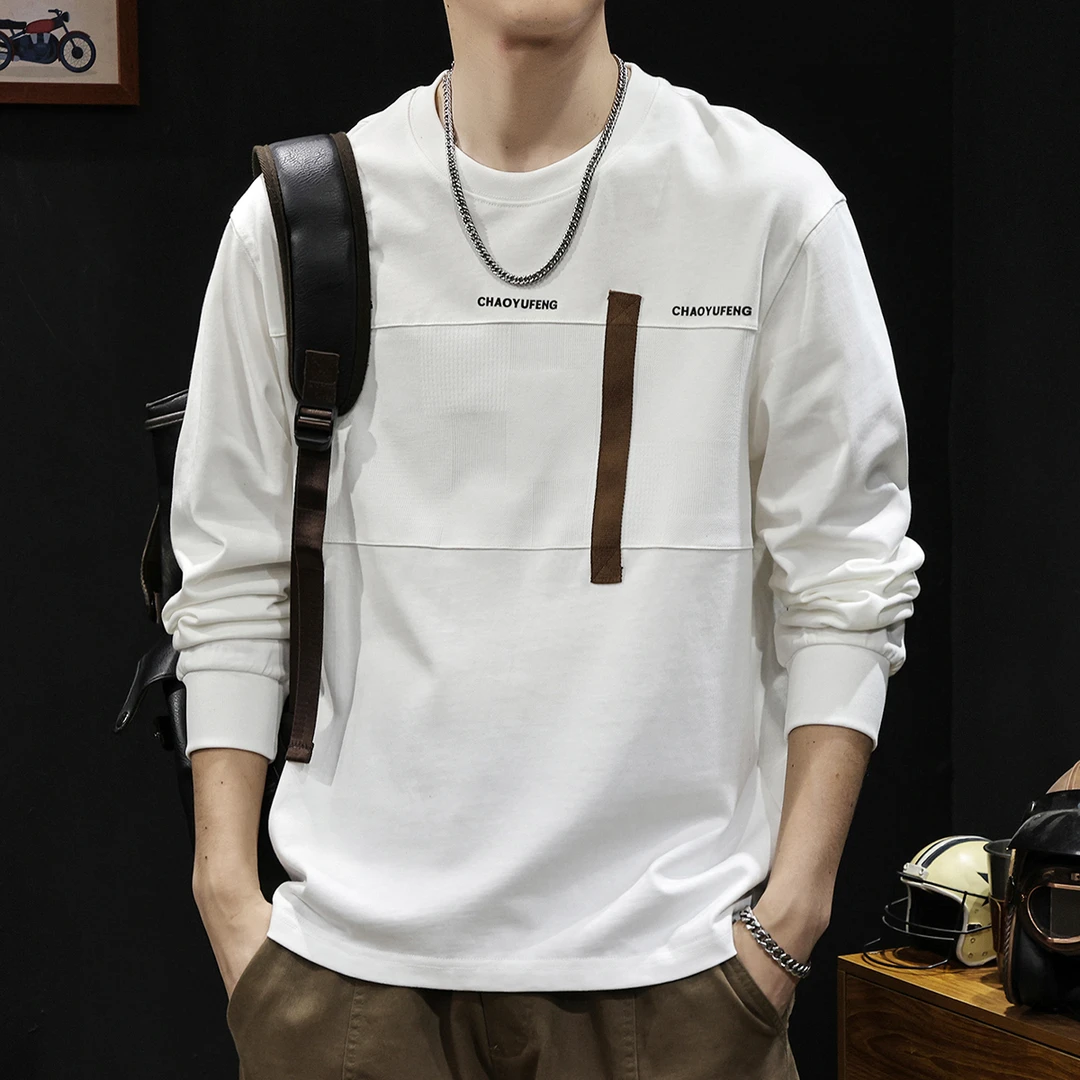 MR.MUDI/穆迪先生撞色拼接长袖t恤男士2025新款春季男士圆领内搭