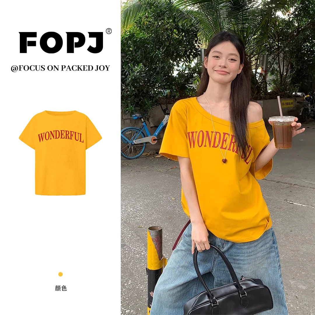 FOPJ夏季新款辣妹斜肩短袖t恤女复古时尚高街设计感ins欧美风上衣