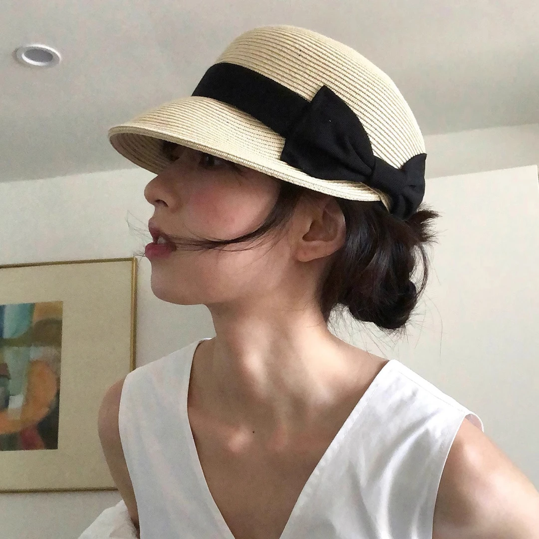 2025新款帽子优雅法式夏季蝴蝶结太阳帽加宽帽檐显脸小马术草帽女
