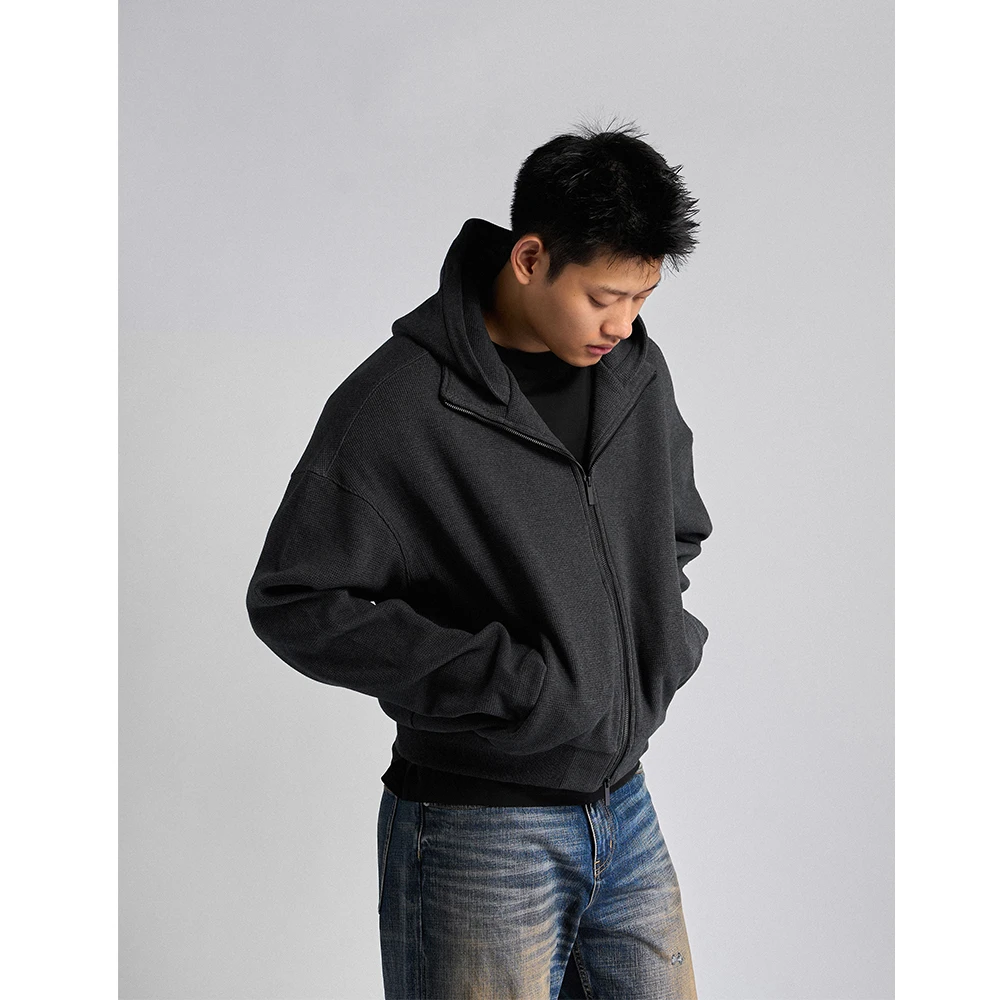 DOKIE秋冬全棉华夫格肌理感针织500克短款立体连帽卫衣夹克36015