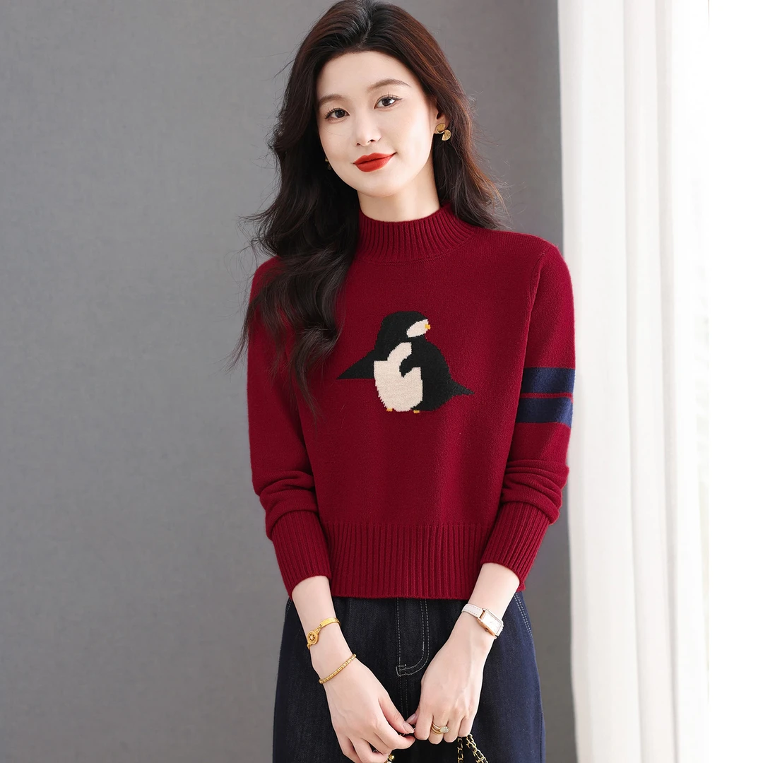 显瘦针织打底衫半高领毛衣女士秋冬2025新款洋气提花企鹅内搭宽松