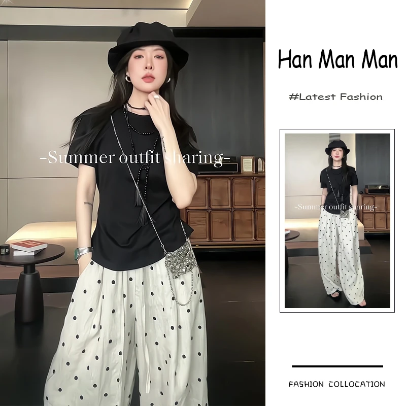 夏季流行穿搭一整套新款2025韩版时尚御姐风百搭短袖波点裤两件套