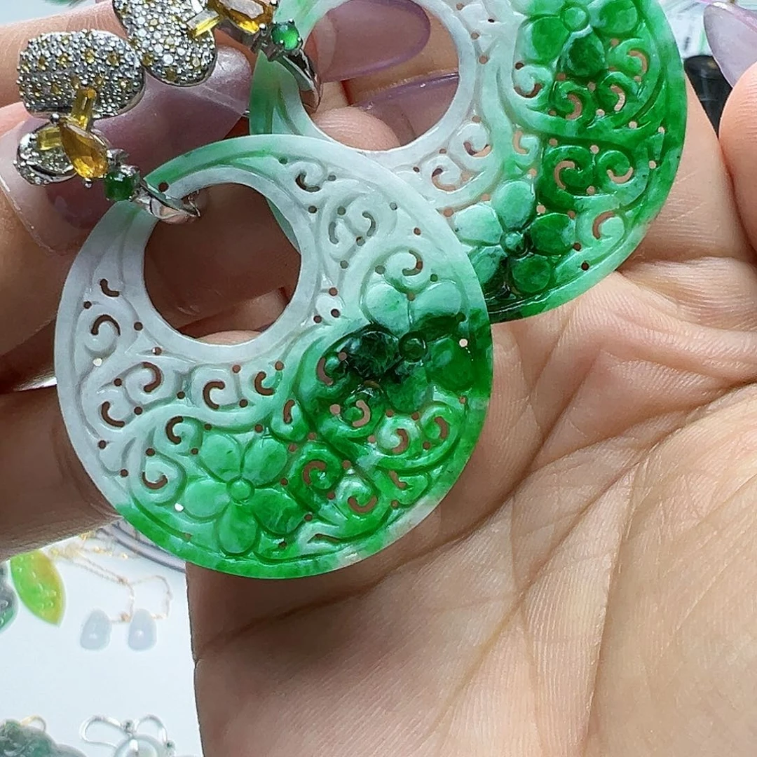 翡翠银S925镶嵌耳饰淇*君天然缅甸A货翡翠