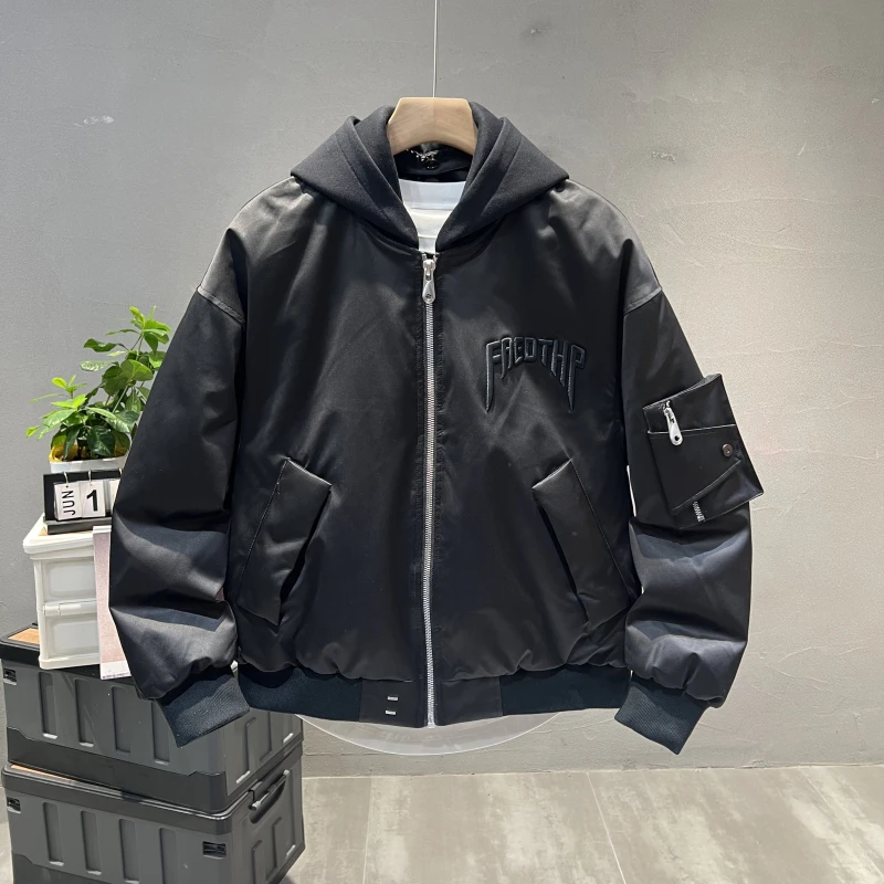 可脱卸连帽90绒羽绒服男冬季工装刺绣加厚飞行员棒球服羽绒衣外套